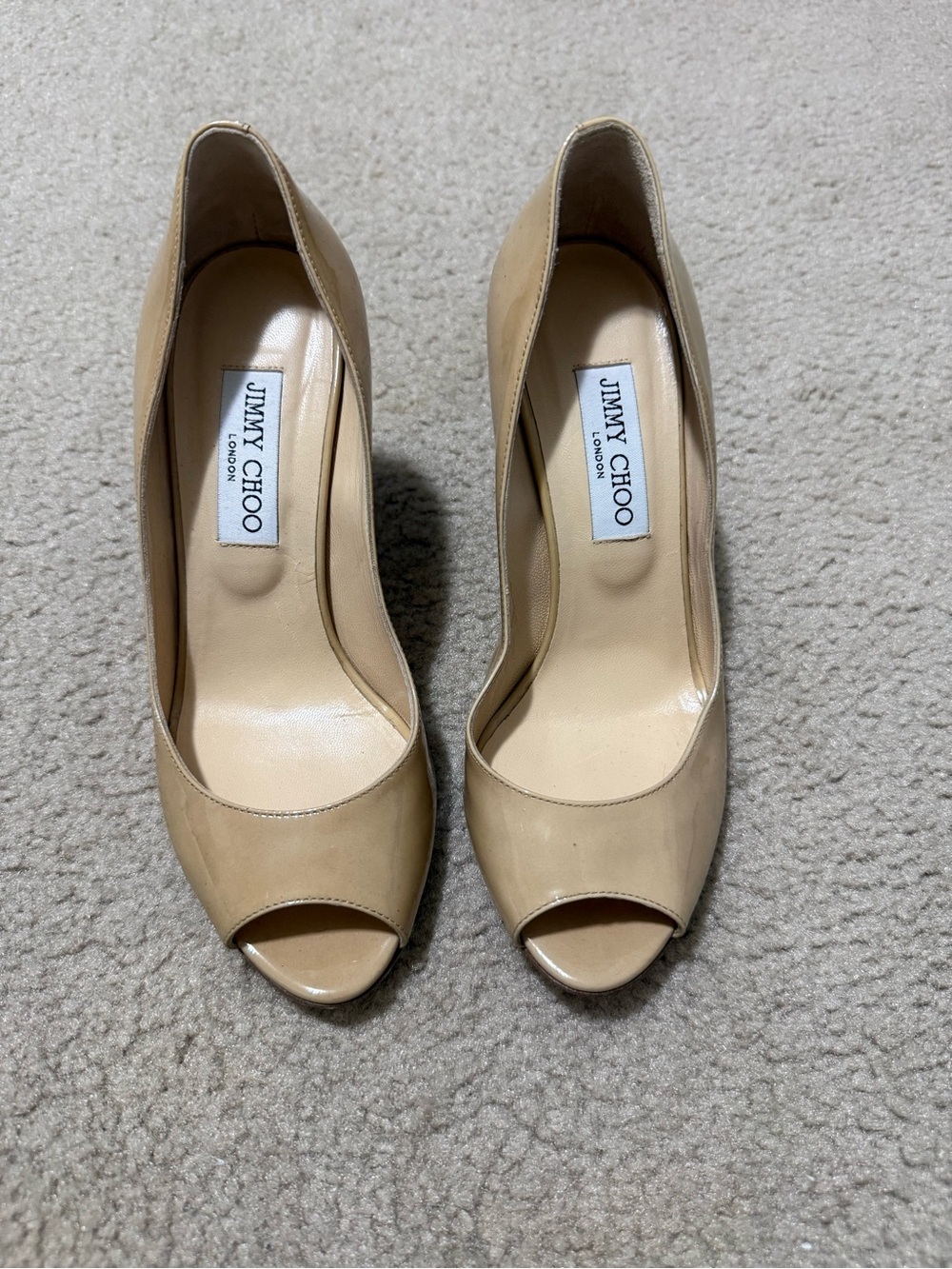 Jimmy Choo Nude Patent Peep-Toe Wedges